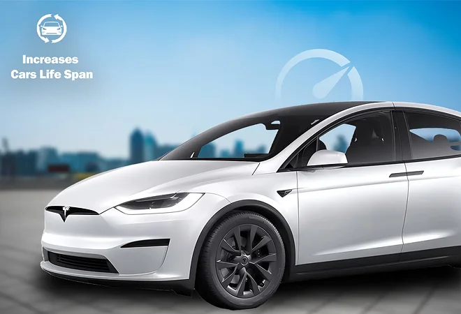 White Tesla SUV with a city skyline in the background, overlaid with text “Increases Cars Life Span” and a speedometer icon.