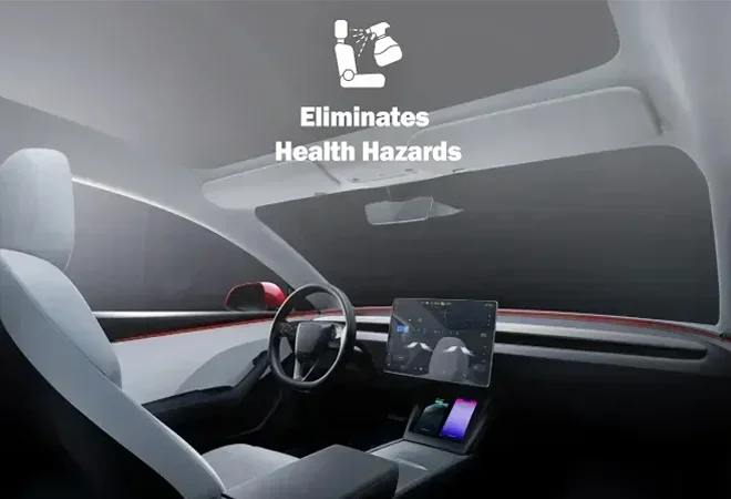 Tesla interior with white seats and a central touchscreen, overlaid with text “Eliminates Health Hazards” and an icon of a seat being sprayed with cleaner.
