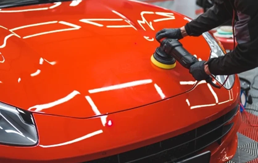 Person using a polishing machine with a yellow pad to buff the hood of a shiny red sports car.