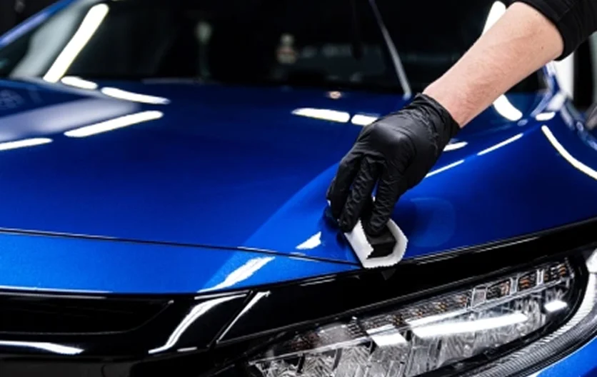 Person wearing black gloves applying a protective coating to the hood of a shiny blue car using a small applicator pad.