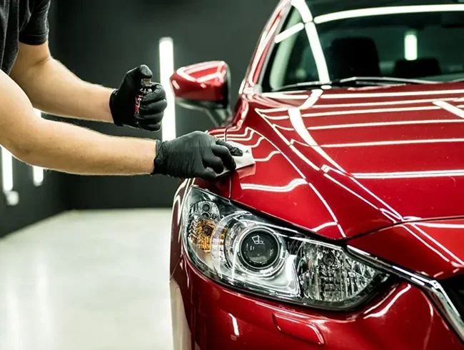 Person wearing black gloves applying ceramic coating to the front fender of a shiny red car using an applicator pad and spray bottle.