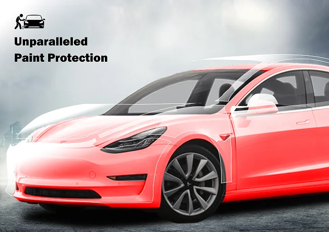 Red Tesla Model 3 with outlined sections highlighting areas of paint protection film coverage, alongside text reading “Unparalleled Paint Protection” with a car detailing icon.