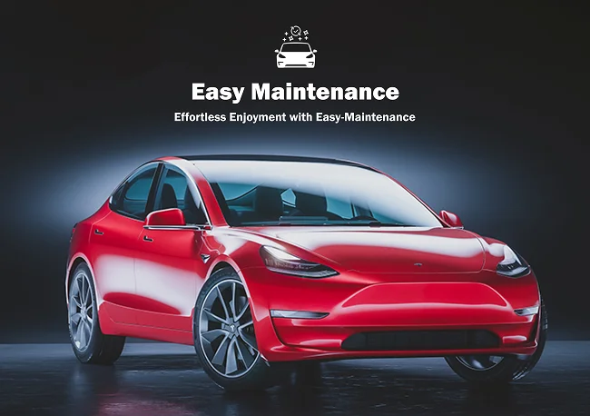 Red Tesla Model 3 under studio lighting, accompanied by text reading “Easy Maintenance” and “Effortless Enjoyment with Easy-Maintenance,” with a sparkle car icon above.