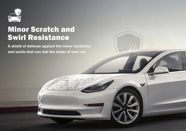 White Tesla Model 3 with text reading “Minor Scratch and Swirl Resistance” and a description of protection benefits, accompanied by a shield icon, set against a soft background.
