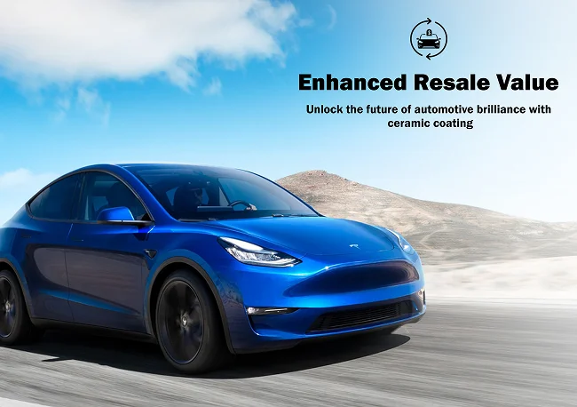 A shiny blue Tesla Model Y driving on an open desert highway under a bright blue sky, with text promoting enhanced resale value through ceramic coating.