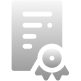 Silver icon of a document with horizontal text lines and an award ribbon at the bottom right corner.