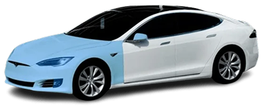 White Tesla Model S with its front bumper, hood, side mirrors, and front doors highlighted in blue to indicate extended protective film coverage.