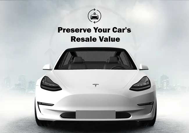 Front view of a white Tesla with text above reading “Preserve Your Car’s Resale Value” and a resale value icon, set against a cloudy city skyline background.