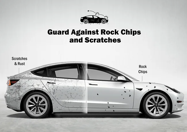Side view of a white Tesla with a split design showing the left side covered in scratches, rust, and rock chips, and the right side clean, under text reading “Guard Against Rock Chips and Scratches.”