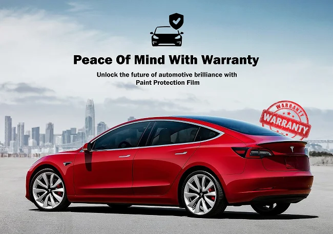 Rear side view of a red Tesla Model 3 with text reading “Peace Of Mind With Warranty” and a badge icon, plus a red “Warranty” stamp graphic, set against a city skyline background.