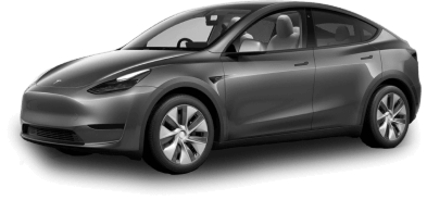 Dark gray Tesla Model Y viewed from the front side angle against a transparent background.