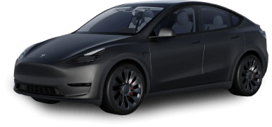 Matte black Tesla Model Y viewed from the front side angle against a transparent background.
