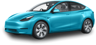 Bright blue Tesla Model Y viewed from the front side angle against a transparent background.
