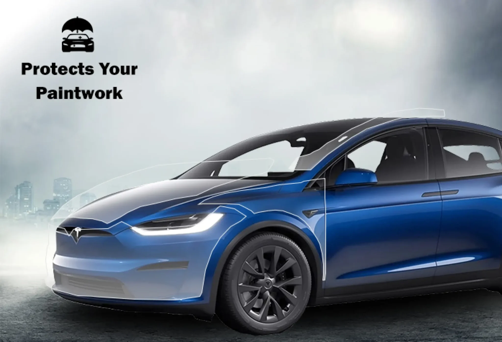 Blue Tesla Model X with outlined sections indicating protective film coverage, alongside text reading “Protects Your Paintwork” and a car-with-umbrella icon, set against a cloudy city backdrop.