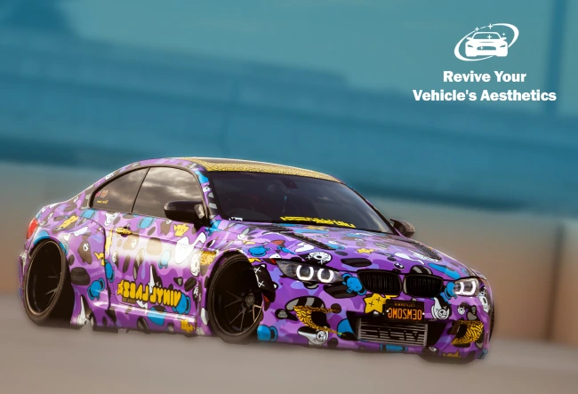 Brightly wrapped BMW sports car with a purple, blue, and yellow graffiti-style design, accompanied by text reading “Revive Your Vehicle’s Aesthetics” and a car shine icon.