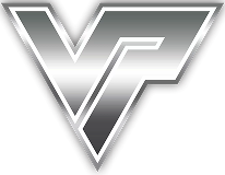 Stylized metallic silver “VP” emblem with a gradient finish and bold angular design.