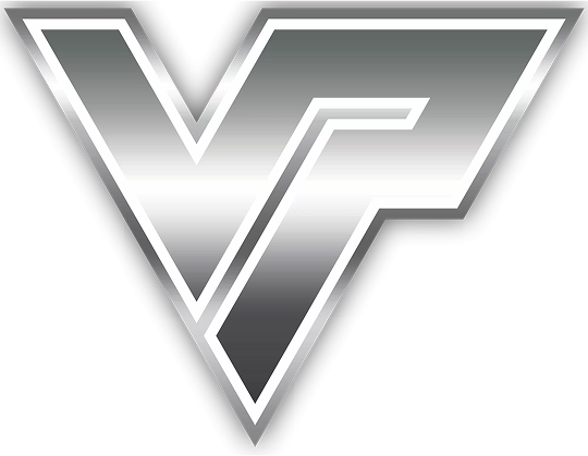 Large metallic silver “VP” logo with a sleek gradient finish and bold angular edges.