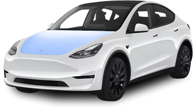 White Tesla Model Y with its front hood highlighted in blue to indicate partial paint protection film coverage.