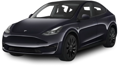 Dark gray Tesla Model Y viewed from the front side angle against a transparent background.