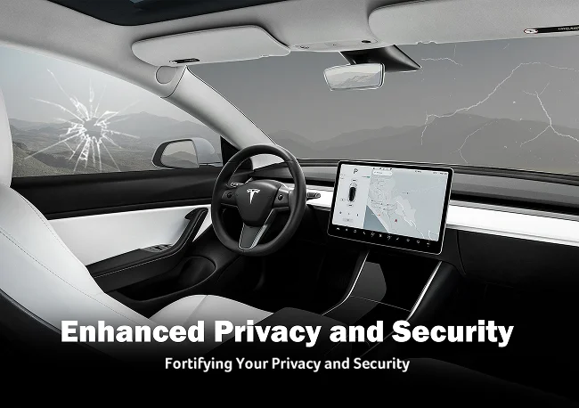 Interior of a Tesla with a large center touchscreen, cracked side window, and a stormy background, overlaid with text reading “Enhanced Privacy and Security” and “Fortifying Your Privacy and Security.”