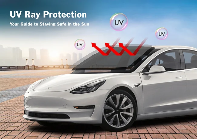 White Tesla parked on a brick surface with red arrows and “UV” bubbles illustrating UV ray protection on the windshield, overlaid with text “UV Ray Protection” and “Your Guide to Staying Safe in the Sun.”