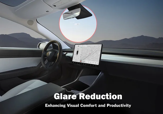 Interior of a Tesla with mountains in the background, a circled sun reflection highlighting glare on the windshield, and overlaid text reading “Glare Reduction” and “Enhancing Visual Comfort and Productivity.”
