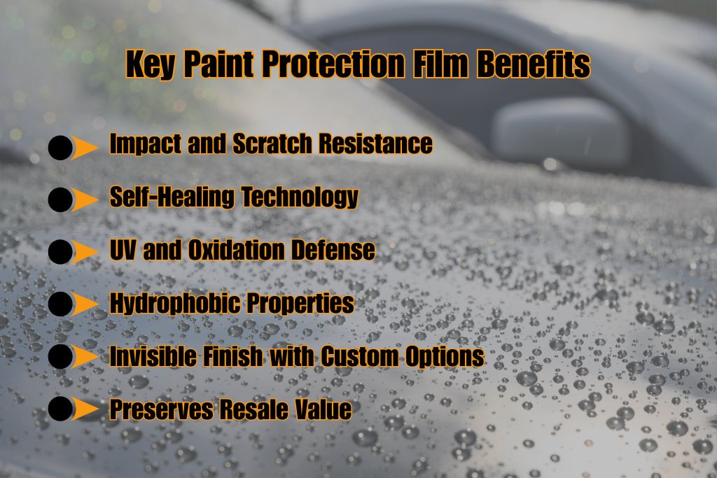 Infographic listing key paint protection film benefits over a close-up of a water-beaded car hood, including impact resistance, self-healing, UV defense, hydrophobic properties, invisible finish, and resale value preservation. This visual clearly communicates essential paint protection film benefits.