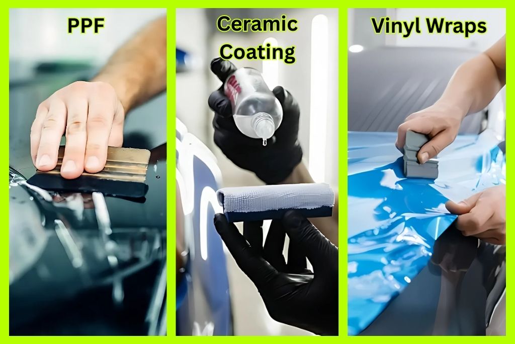 Side-by-side comparison image showing the application of PPF, ceramic coating, and vinyl wraps on different vehicles. This visual supports the discussion of PPF vs. Ceramic Coating vs. Vinyl Wraps by highlighting the differences in material, application, and purpose.