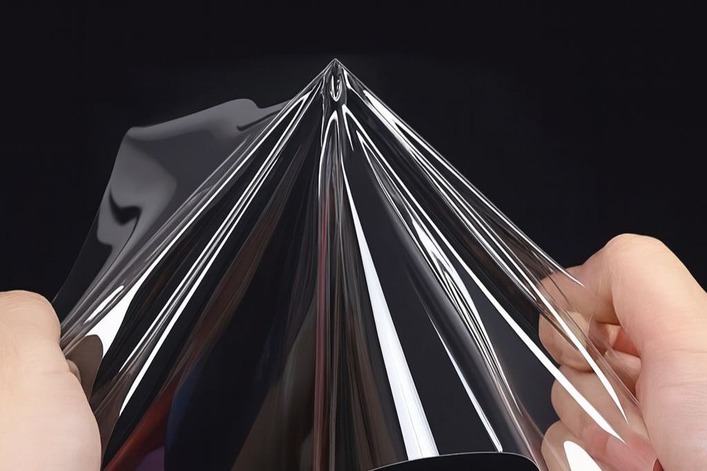 Close-up of hands stretching a clear, flexible paint protection film against a black background, visually demonstrating the material's strength and clarity. This image helps explain what is paint protection film made of by showing its transparent, durable construction.