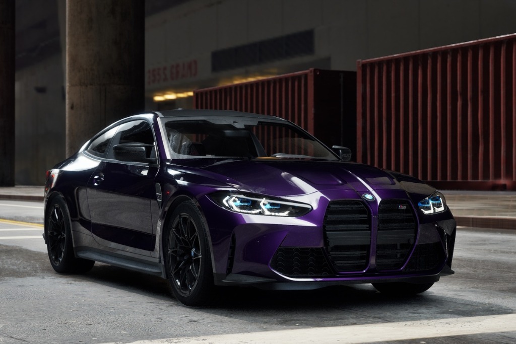 A sleek purple BMW sports car parked in an urban setting, its glossy finish enhanced by full body PPF that protects the vehicle from scratches, chips, and UV damage while maintaining a pristine, mirror-like shine.