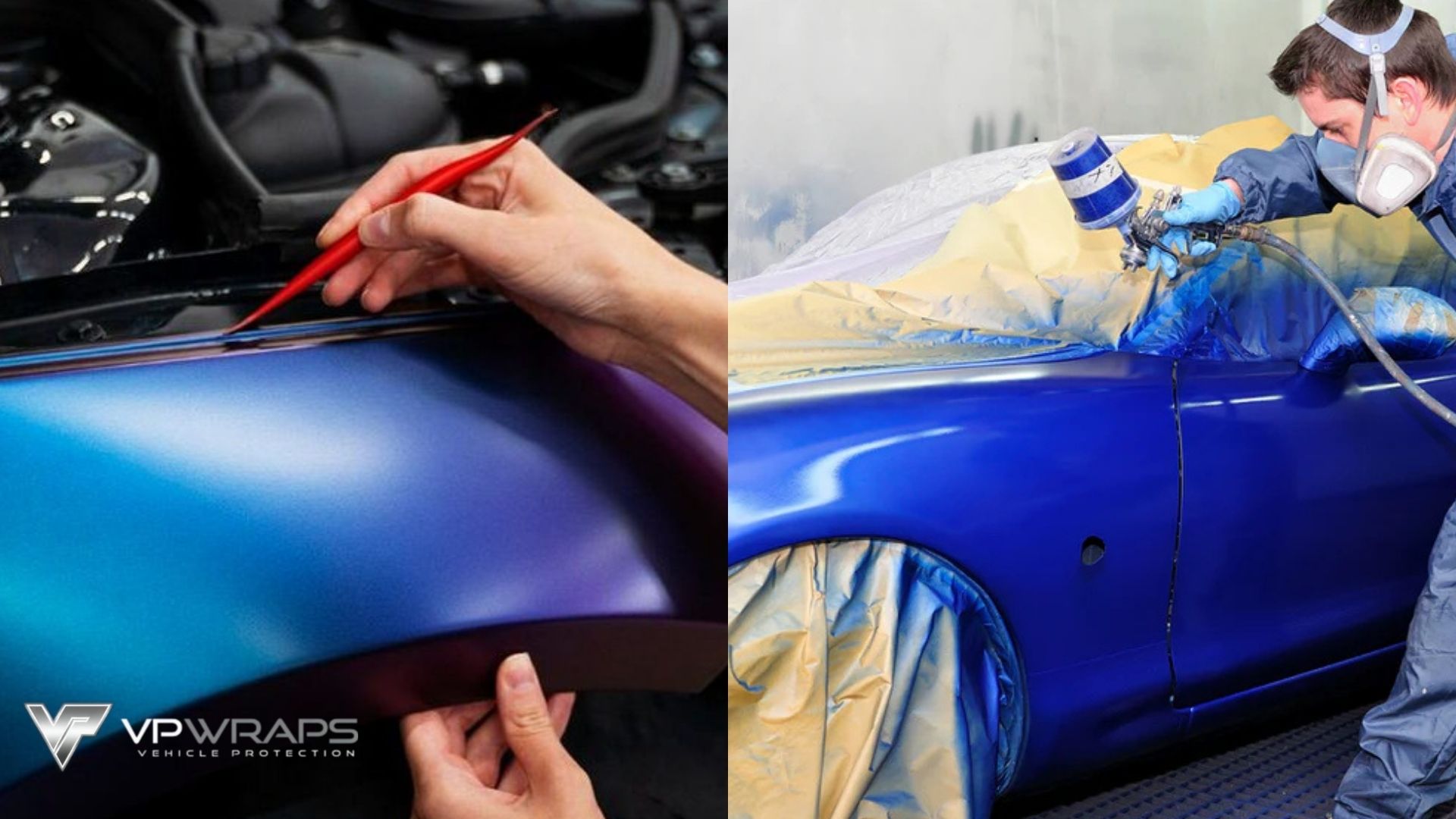 Side-by-side comparison of car wrapping and car painting. The left shows a hand trimming a chameleon-colored vinyl wrap on a car hood, while the right shows a technician spraying blue paint on a masked car panel.